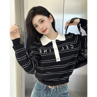 AQCJ CEL Beaute 2023 Fall/Winter New College style polo collar letter Embroidered striped pullover sweater for women fashion college style for women