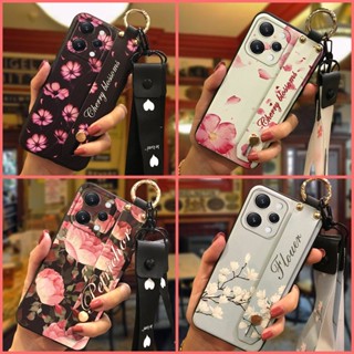 Flower ring Phone Case For Redmi12 4G Fashion Design Soft case Kickstand Anti-dust Dirt-resistant Silicone Wrist Strap Lanyard
