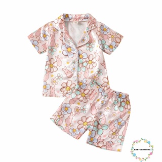 Babyclothes- ชุดนอน เสื้อแขนสั้น พิมพ์ลายดอกไม้ และกางเกงขาสั้น สําหรับเด็กผู้หญิง 2 ชิ้น