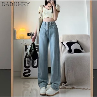 DaDuHey🎈 Womens Retro Light Blue All-Match Slimming and Wide Leg Jeans Loose Straight High Waist Small Split Trousers Mop Pants