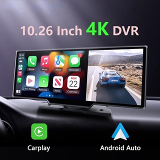 10.26 นิ้วไร้สาย Carplay Android รถ DVR Dash Cam 4K 3840 * 2160 ด้านหน้าและ 1080P กล้องด้านหลังการควบคุมด้วยเสียง GPS Wifi Video Recorder เลนส์คู่
