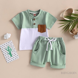 Babygarden-0-3 ปี ชุดเสื้อผ้าเด็กผู้ชาย, เสื้อยืดแขนสั้น เย็บปะติดปะต่อกัน + กางเกงขาสั้น เอวยางยืด ชุดฤดูร้อน