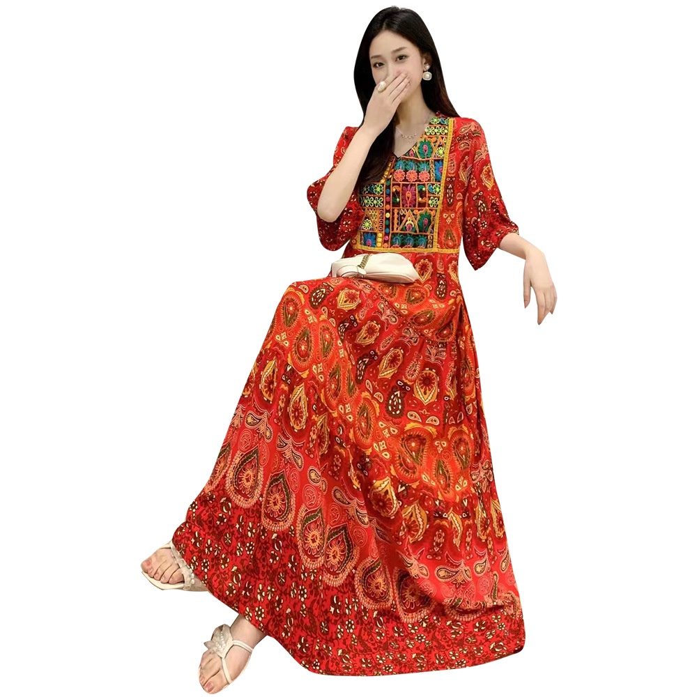 new-product-in-stock-southeast-asian-summer-ethnic-style-embroidered-dress-cotton-silk-floral-beach-dress-v-neck-big-swing-quality-assurance-fjaa