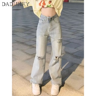 DaDuHey🎈 Korean Style New Ripped High Waist Jeans Trousers American Style High Street Wide Leg Slim Casual All-Matching Jeans