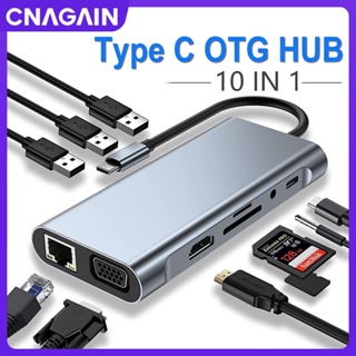 Cnagain อะแดปเตอร์ฮับ USB C Type C 10 in 1 พร้อม 4K HDMI VGA Type C PD USB 3.0 RJ45 อีเธอร์เน็ต การ์ดรีดเดอร์ SD TF AUX 3.5 มม. เข้ากันได้กับแล็ปท็อป คอมพิวเตอร์