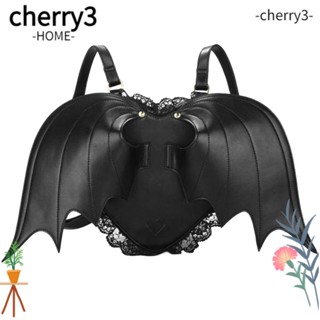 Cherry3 กระเป๋าเป้สะพายหลัง กระเป๋าสะพายไหล่ หนัง PU ลายปีกค้างคาว สีดํา ปรับได้ สําหรับผู้หญิง