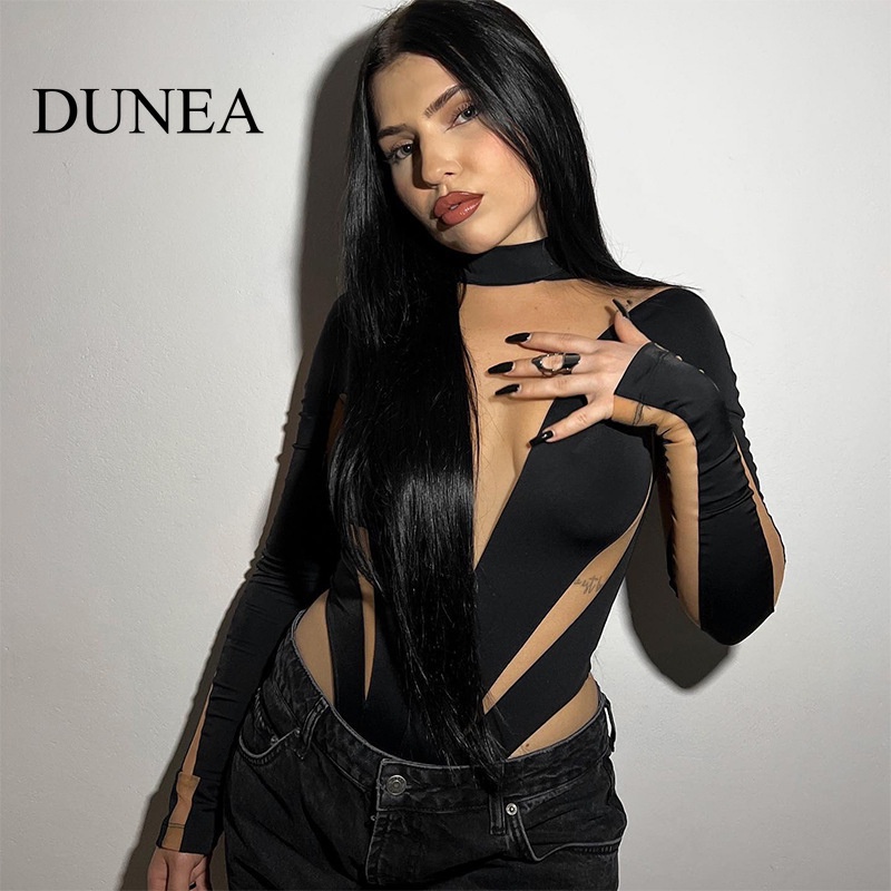 dunea-ชุดบอดี้สูท-แขนยาว-เอวสูง-ผ้าตาข่าย-รัดรูป-เซ็กซี่-สําหรับผู้หญิง