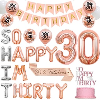 ลูกโป่งฟอยล์ ลาย So Happy IM Thirty ตัวเลข 30 สีโรสโกลด์ 30 สําหรับตกแต่งเค้กวันเกิด 30 ปี