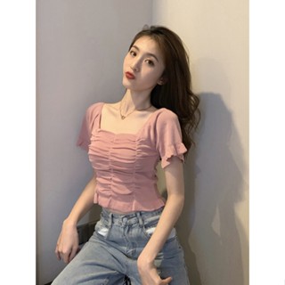ใหม่ เสื้อกันหนาว คอสี่เหลี่ยม แขนสั้น กางเกงขาสั้น เอวสูง สไตล์ฝรั่งเศส เหมาะกับฤดูร้อน สําหรับผู้หญิง MC 8J6S