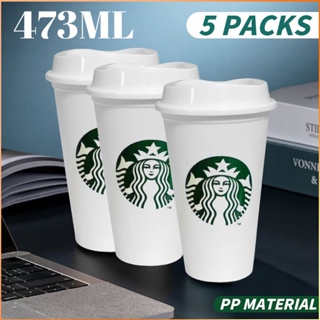 5 ชิ้นแบบพกพา Starbucks ถ้วย Pp นำกลับมาใช้ใหม่ 16 ออนซ์ 473 มล. ถ้วยดื่มสีขาวดำ -FE