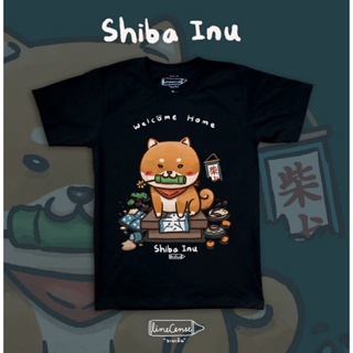 Shiba Inu " welcome home " Dog on Black Premium Cotton Comp 100 T-shirt เสื้อยืด สีดำ พรีเมียม ลายน้องหมาชิบะ