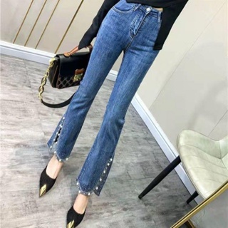 [New product in stock] womens split jeans spring and autumn beaded elastic slimming high waist design sense hot diamond micro flared pants quality assurance O6RO