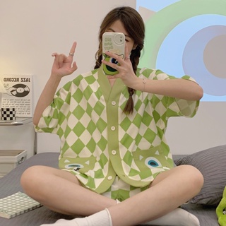 Casual pajamas womens summer cartoon short-sleeved shorts loose 2023 large size combed cotton home service