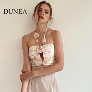 Dunea เสื้อสายเดี่ยว พิมพ์ลายดอกไม้ แต่งจับจีบ เปิดหลัง สําหรับผู้หญิง