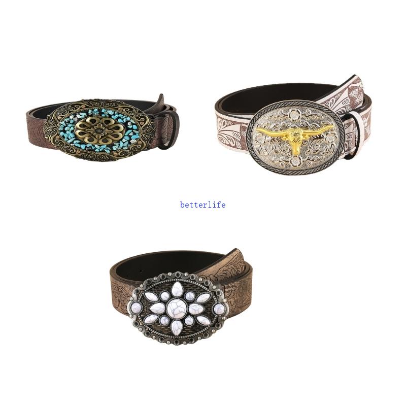 BTF Engraved Cowboy Belt Vintage Buckle Belt Embossed Western Belt