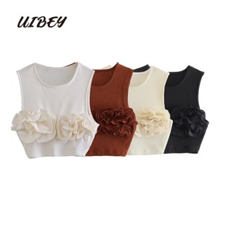 Uibey เสื้อกั๊ก คอกลม ลายดอกไม้ สีพื้น 2622