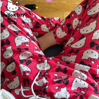 SANRIO ชุดนอนกางเกงขากว้าง เอวยางยืด ลายการ์ตูน Hello Kitty สีชมพู แฟชั่นฤดูใบไม้ผลิ สําหรับสตรี 2023 Y2k