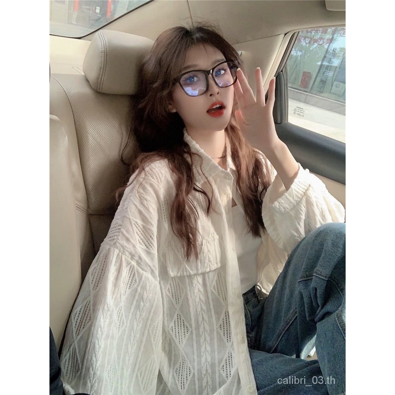 เสื้อผู้หญิง-2023ฤดูใบไม้ผลิและฤดูร้อนใหม่สไตล์ลำลองโครเชต์กลวงเสื้อเชิ้ตผู้หญิงสีขาวกันแดด-ax3181