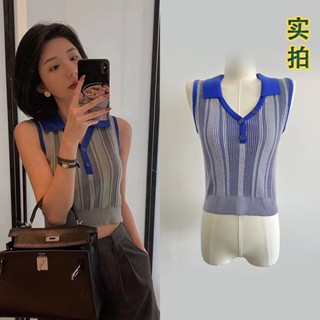 เสื้อโปโลแขนกุด ผ้าวูลถัก ลายทาง สีตัดกัน สไตล์ฝรั่งเศส คลาสสิก เข้ากับทุกการแต่งกาย แฟชั่นฤดูร้อน สําหรับผู้หญิง AEXH