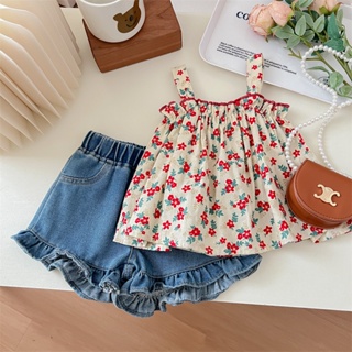 Girls suit 2023 new summer fashion girls Korean version comfortable foreign style suspenders cute shorts two-piece set