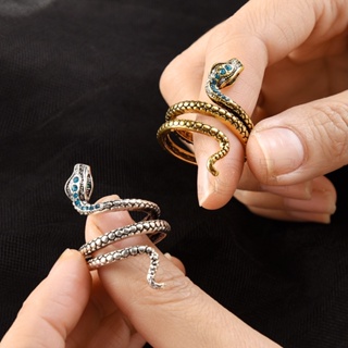แหวน ฝังเพทาย รูปงู ประดับเพชร หลากสี สไตล์พังก์ วินเทจ สร้างสรรค์ เครื่องประดับแฟชั่น สําหรับผู้ชาย ผู้หญิง