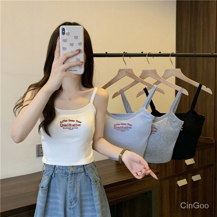 🌸CinGoo🌼 พร้อมส่ง ใหม่ เสื้อครอปท็อป สายเดี่ยว พิมพ์ลายตัวอักษร พร้อม ...