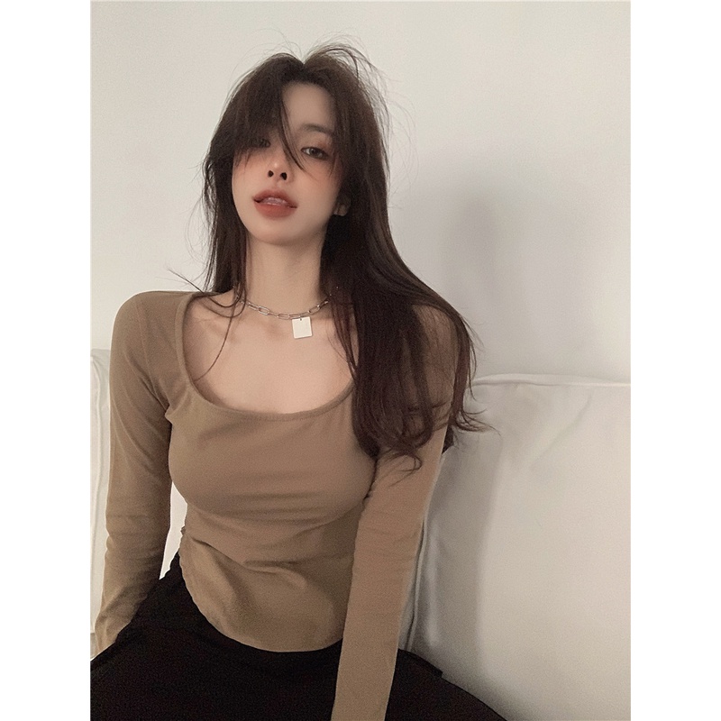 เสื้อตัวในแขนยาวผู้หญิงฤดูใบไม้ร่วงและฤดูหนาวลำลองขนาดใหญ่uเสื้อคอปกนักเรียนเข้ารูปแบบบางใส่ด้านในดูผิดปกติtเสื้อ