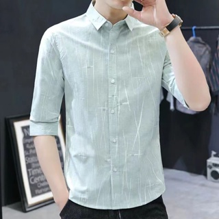 Spot high CP value] boys seven-sleeve clothes, young handsome five-sleeve shirts, Korean version of medium-sleeved casual 5-sleeve shirts, short-sleeved shirts, short-sleeved students mens shirts, fashion tops, boys clothes.