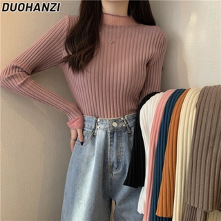 Duohanzi เสื้อกันหนาว คอสูง ผ้าถัก ผ้าตาข่าย แต่งลูกไม้ แบบเข้ารูป แฟชั่นฤดูใบไม้ร่วง 2023