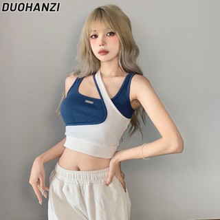 Duohanzi เสื้อสายเดี่ยว แขนสั้น สีตัดกัน สไตล์สปอร์ต สําหรับผู้หญิง