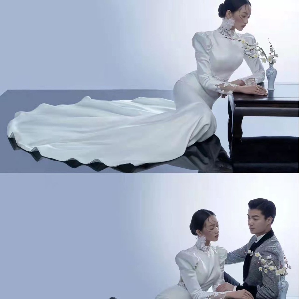 ชุดแต่งงานเรียบง่าย-สไตล์จีน-ใหม่-เจ้าสาว-ผ้าซาติน-สนามหญ้า-งานแต่งงาน-ฮันนีมูน-ท่องเที่ยว-แสดง-แฟชั่น-ชุดเดรสยาวสีขาว