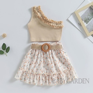 Babygarden-1-6 ปี ชุดเสื้อผ้าเด็กผู้หญิง ลําลอง ไหล่ข้างเดียว เสื้อกล้ามยาง + กระโปรง ลายดอกไม้ ย่น ยืดหยุ่น + เข็มขัด