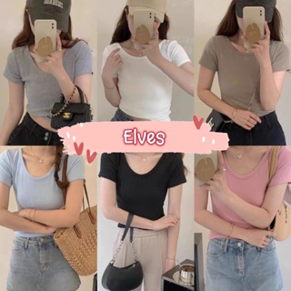 Elves✨พร้อมส่ง✨ เสื้อไหมพรมแขนสั้น คอกลม ผ้าร่องบางใส่สบาย ~61608~ -C