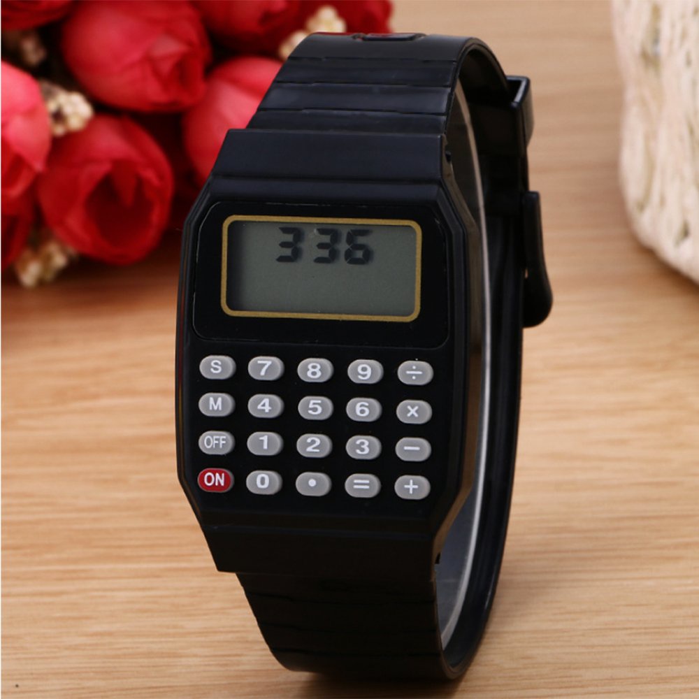 เด็กนักเรียนปฏิบัติเครื่องคิดเลขนาฬิกาดิจิตอลซิลิโคนสีทึบสวมใส่-comtable-เครื่องคิดเลขนาฬิกาข้อมือเด็ก
