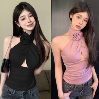 เสื้อกล้าม คอปาด ลายดอกไม้ 3D สีพื้น แบบเข้ารูป สําหรับผู้หญิง