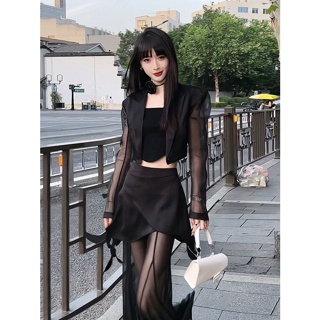 Waist hollowed-out straps original shoulder pads short coat summer suit womens simple mesh stitching trousers two sets of women