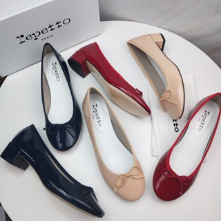 Repetto รองเท้าบัลเล่ต์ หนังวัวแท้ ส้นหนา ประดับโบว์ สีแดง แฟชั่นสําหรับสตรี