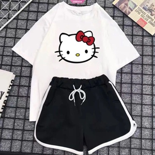 Sanrio Kawaii Hellokitty ชุดเสื้อยืดแขนสั้น และกางเกง ลายการ์ตูน แฟชั่นฤดูร้อน สําหรับเด็กผู้หญิง