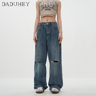DaDuHey🎈 New American Style Retro Ins High Street Ripped Jeans Niche High Waist Wide Leg Plus Size Pants