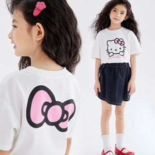 เสื้อยืดคอกลม ผ้าฝ้าย พิมพ์ลาย Hello Kitty Melody เรียบง่าย ใส่สบาย สําหรับเด็กผู้หญิง