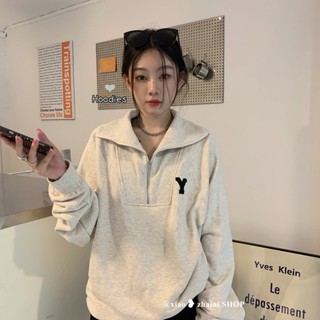 เสื้อกันหนาว คอปกโปโล ปักลายเกล็ดปลา มีซิป สไตล์อเมริกัน เรโทร แฟชั่นฤดูใบไม้ร่วง สําหรับผู้หญิง YMU9