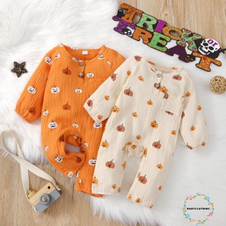 Babyclothes- ชุดจั๊มสูทรอมเปอร์ แขนยาว คอกลม พิมพ์ลายฟักทอง ฮาโลวีน พร้อมกระดุม สําหรับเด็กวัยหัดเดิน เด็กผู้ชาย เด็กผู้หญิง