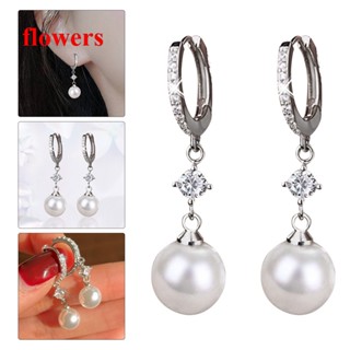 Flowers เครื่องประดับ ต่างหูห่วง ประดับมุกเทียม หรูหรา สีเงิน แฟชั่นสําหรับเจ้าสาว