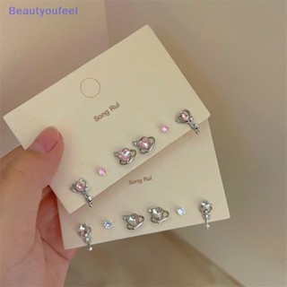 [Beautyoufeel] ต่างหูสตั๊ด ประดับโบว์ เพทาย รูปหัวใจ สไตล์เกาหลี เรียบง่าย เครื่องประดับแฟชั่น สําหรับผู้หญิง 6 ชิ้น ต่อชุด