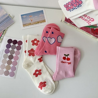 Socks Children Pink Flower Hyun Ya Feng Womens Mid tube Socks Sweet and Cute Versatile Womens Stacked Socks Combed Cotton Long Socks
