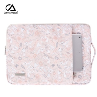 กระเป๋าแล็ปท็อป ผ้าแคนวาส กันน้ํา แบบพกพา ลายดอกไม้ สีชมพู สําหรับแท็บเล็ต 11 12 13 14 15 นิ้ว
