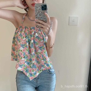 เสื้อกล้ามสายเดี่ยวลายดอกไม้สุดเซ็กซี่สำหรับผู้หญิงเสื้อสายสั้นผ้าชีฟองคอห้อยคอแบบสั้นสำหรับผู้หญิงSL9782