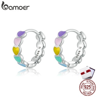 Bamoer Genuine 925 Sterling Silver Rainbow Color Enamel Heart Hoop Earrings for Women 2020 New Ear Hoops Female Jewelry SCE909