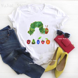 เสื้อยืดแขนสั้น พิมพ์ลายกราฟฟิค The Very Hungry Caterpillar สีขาว แฟชั่นฤดูร้อน สไตล์ฮาราจูกุ สําหรับผู้หญิง