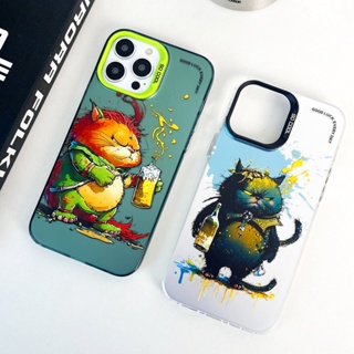 เคสโทรศัพท์มือถือ ชุบไฟฟ้า ป้องกันกระแทก ลายแมว และเบียร์ สองด้าน สําหรับ Apple IPhone 14 13 12 11 Pro Max